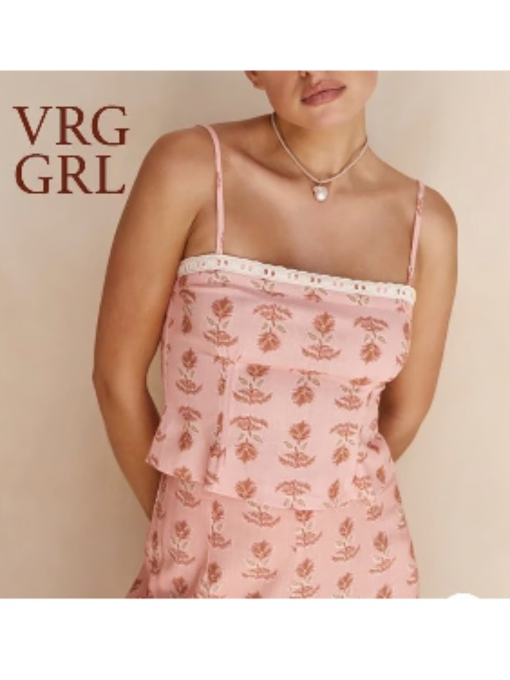 VRG GRL Pink Floral Cotton Linen Crop Cami Eyelet Trim Size 6
